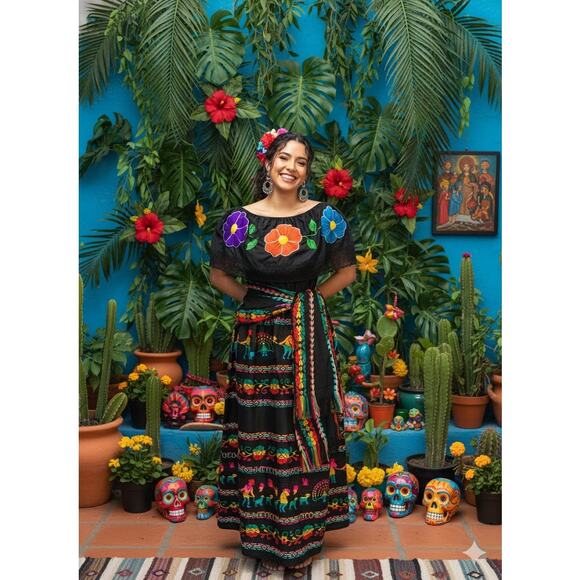 Mexican 3 piece set Blouse Cambaya skirt elastic waist and belt or mini rebozo - Picture 9 of 12